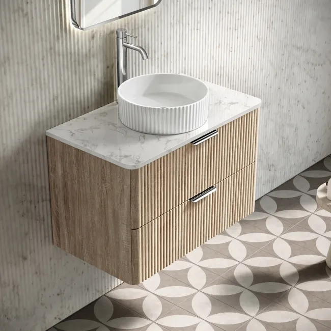 Cadiz Fluted Apex Oak Wall Hung Drawer Vanity with Marble Top & Nevis Basin 800mm - Chrome Handles