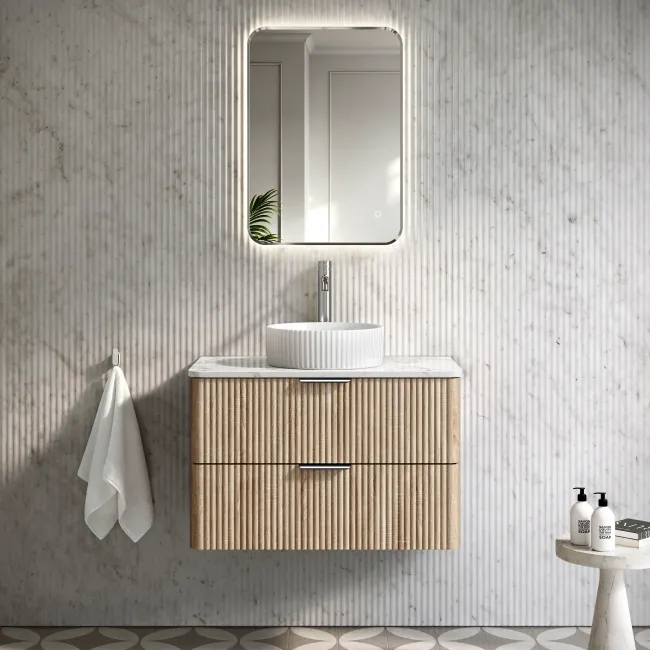 Cadiz Fluted Apex Oak Wall Hung Drawer Vanity with Marble Top & Nevis Basin 800mm - Chrome Handles