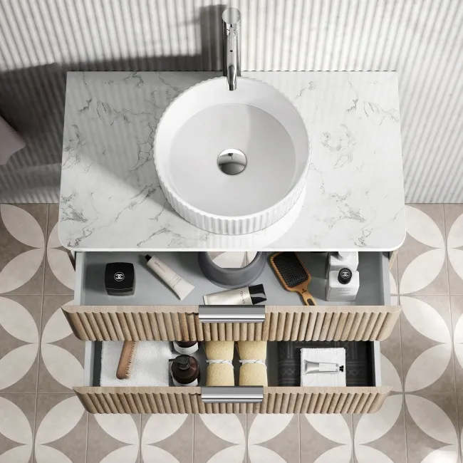 Cadiz Fluted Apex Oak Wall Hung Drawer Vanity with Marble Top & Nevis Basin 800mm - Chrome Handles