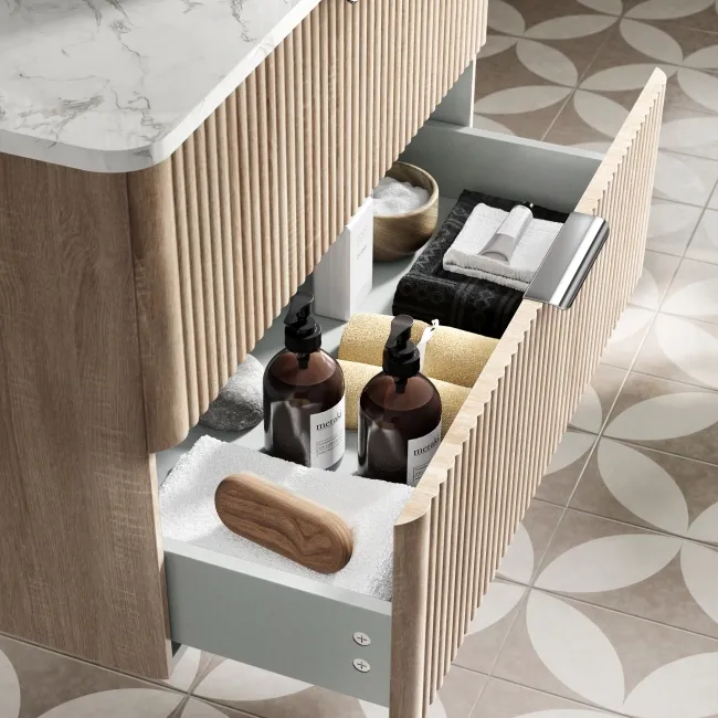 Cadiz Fluted Apex Oak Wall Hung Drawer Vanity with Marble Top & Nevis Basin 800mm - Chrome Handles