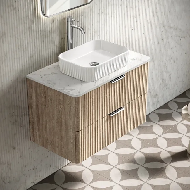 Cadiz Fluted Apex Oak Wall Hung Drawer Vanity with Marble Top & Reno Basin 800mm - Chrome Handles