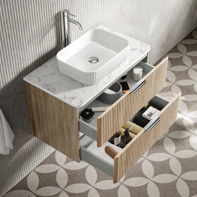 Cadiz Fluted Apex Oak Wall Hung Drawer Vanity with Marble Top & Reno Basin 800mm - Chrome Handles