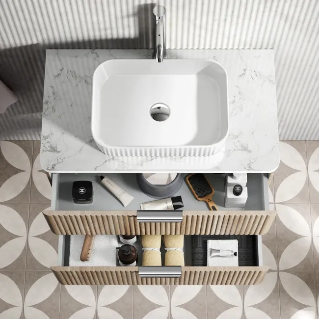 Cadiz Fluted Apex Oak Wall Hung Drawer Vanity with Marble Top & Reno Basin 800mm - Chrome Handles