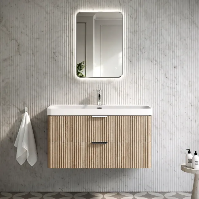 Cadiz Fluted Apex Oak Wall Hung Basin Drawer Vanity 1000mm - Chrome Handles