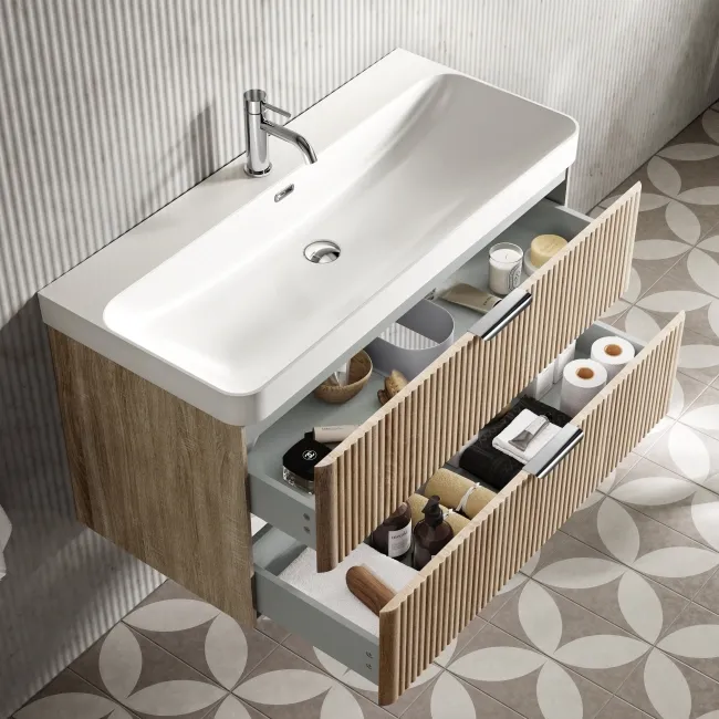 Cadiz Fluted Apex Oak Wall Hung Basin Drawer Vanity 1000mm - Chrome Handles