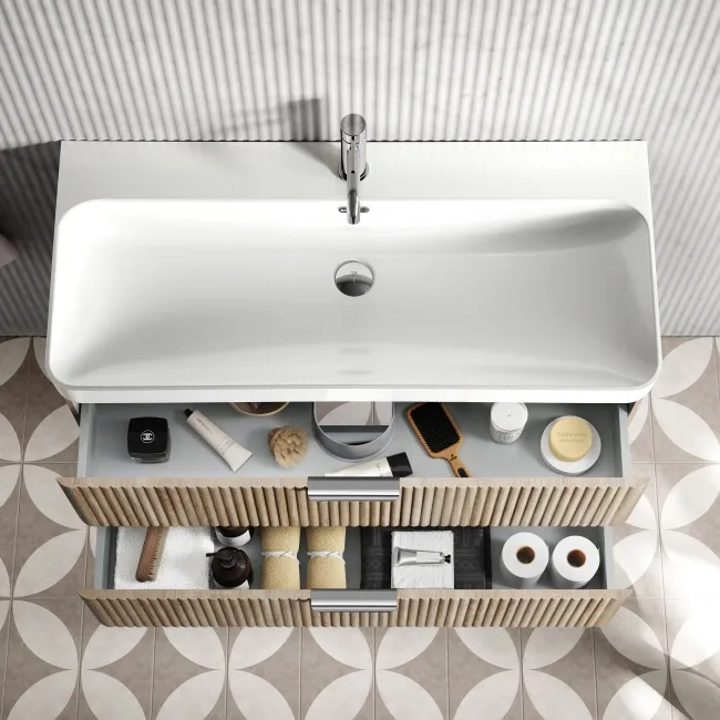 Cadiz Fluted Apex Oak Wall Hung Basin Drawer Vanity 1000mm - Chrome Handles