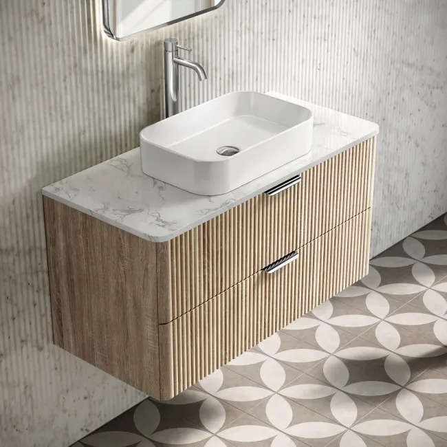 Cadiz Fluted Apex Oak Wall Hung Drawer Vanity with Marble Top 1000mm (Excludes Basin) - Chrome Handles