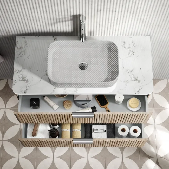 Cadiz Fluted Apex Oak Wall Hung Drawer Vanity with Marble Top 1000mm (Excludes Basin) - Chrome Handles