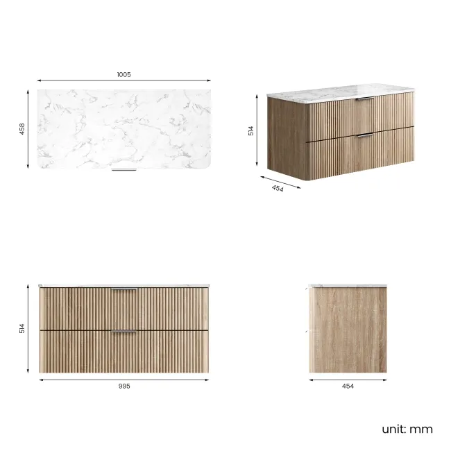 Cadiz Fluted Apex Oak Wall Hung Drawer Vanity with Marble Top 1000mm (Excludes Basin) - Chrome Handles