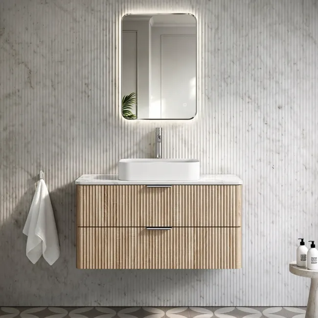 Cadiz Fluted Apex Oak Wall Hung Drawer Vanity with Marble Top & Marin Basin 1000mm - Chrome Handles