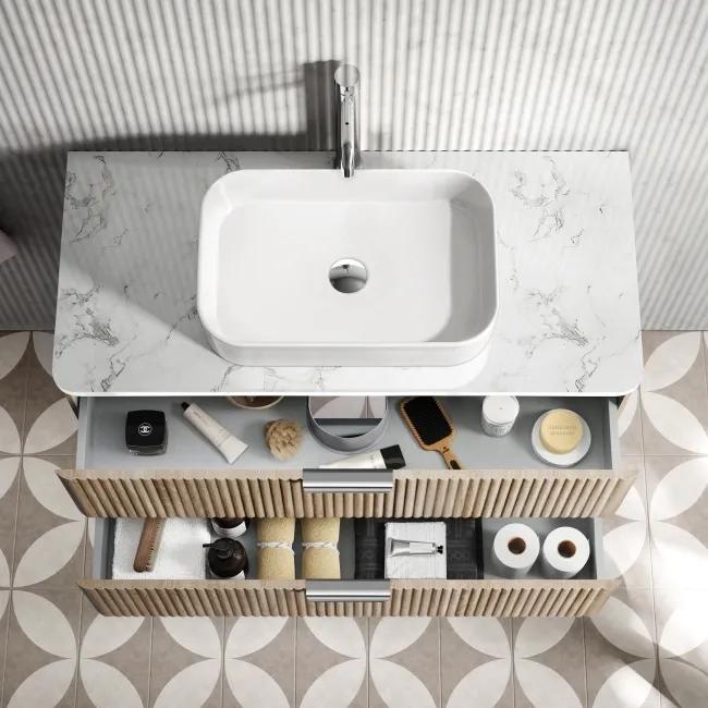 Cadiz Fluted Apex Oak Wall Hung Drawer Vanity with Marble Top & Marin Basin 1000mm - Chrome Handles