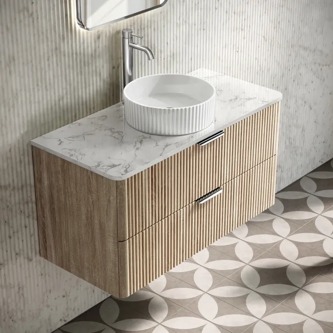 Cadiz Fluted Apex Oak Wall Hung Drawer Vanity with Marble Top & Nevis Basin 1000mm - Chrome Handles