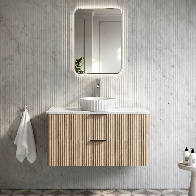 Cadiz Fluted Apex Oak Wall Hung Drawer Vanity with Marble Top & Nevis Basin 1000mm - Chrome Handles