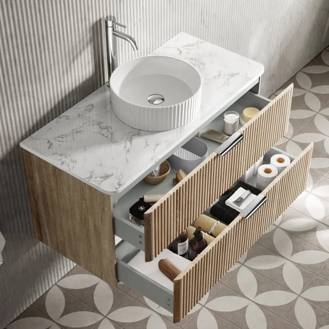 Cadiz Fluted Apex Oak Wall Hung Drawer Vanity with Marble Top & Nevis Basin 1000mm - Chrome Handles