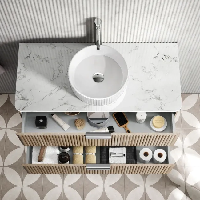 Cadiz Fluted Apex Oak Wall Hung Drawer Vanity with Marble Top & Nevis Basin 1000mm - Chrome Handles