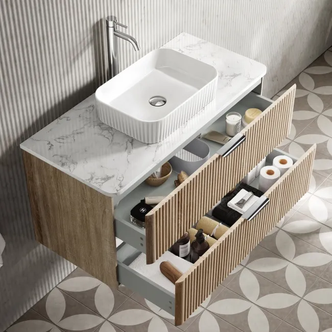 Cadiz Fluted Apex Oak Wall Hung Drawer Vanity with Marble Top & Reno Basin 1000mm - Chrome Handles