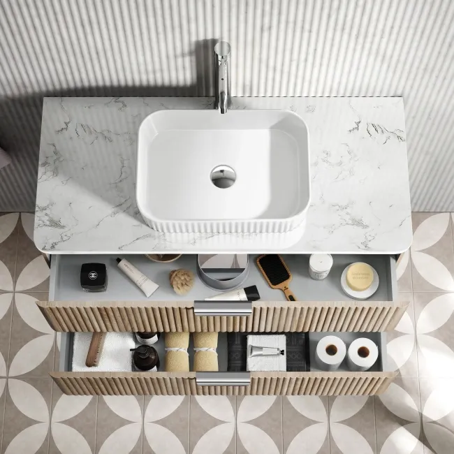 Cadiz Fluted Apex Oak Wall Hung Drawer Vanity with Marble Top & Reno Basin 1000mm - Chrome Handles