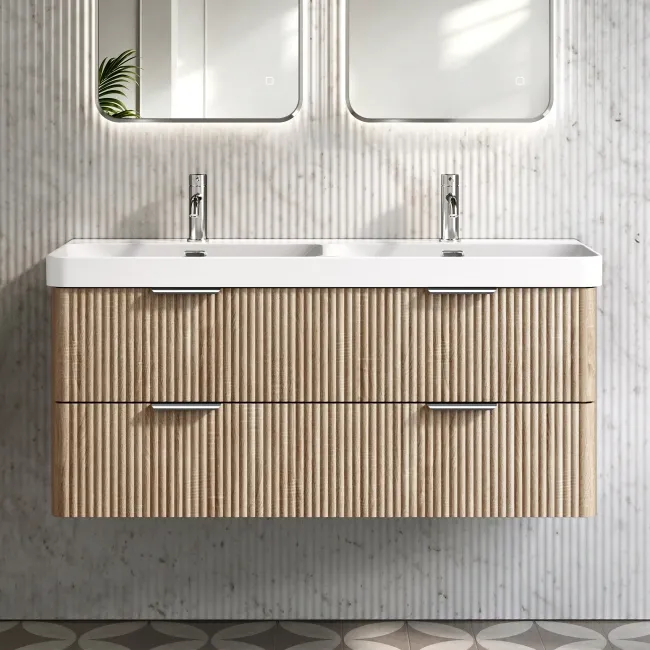 Cadiz Fluted Apex Oak Wall Hung Double Basin Drawer Vanity 1200mm - Chrome Handles