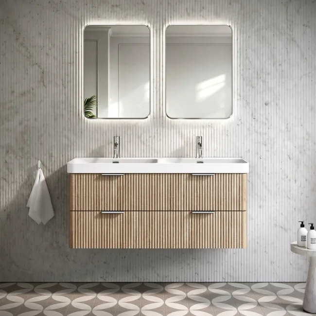 Cadiz Fluted Apex Oak Wall Hung Double Basin Drawer Vanity 1200mm - Chrome Handles