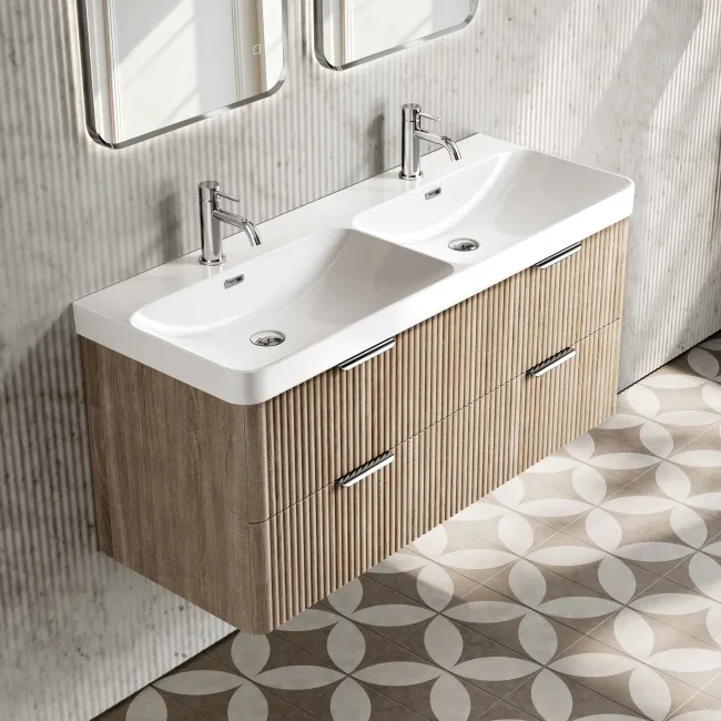 Cadiz Fluted Apex Oak Wall Hung Double Basin Drawer Vanity 1200mm - Chrome Handles