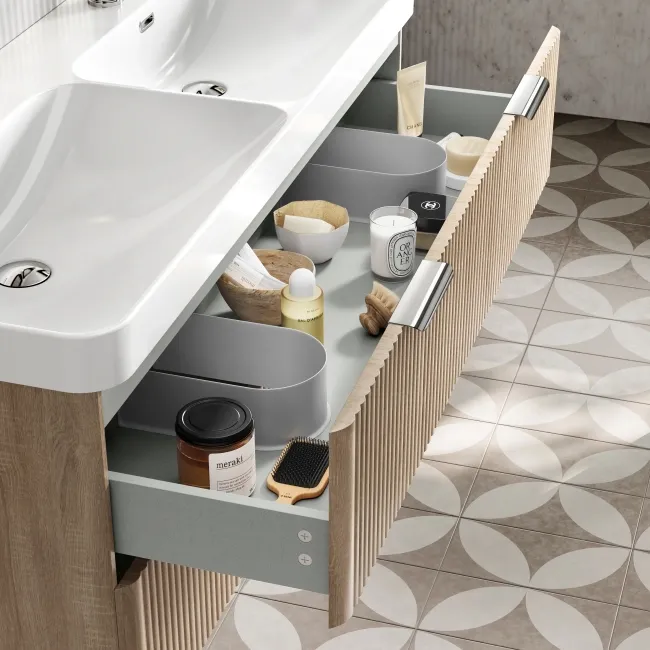 Cadiz Fluted Apex Oak Wall Hung Double Basin Drawer Vanity 1200mm - Chrome Handles