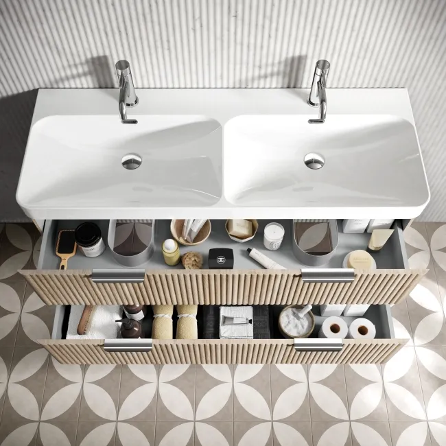Cadiz Fluted Apex Oak Wall Hung Double Basin Drawer Vanity 1200mm - Chrome Handles