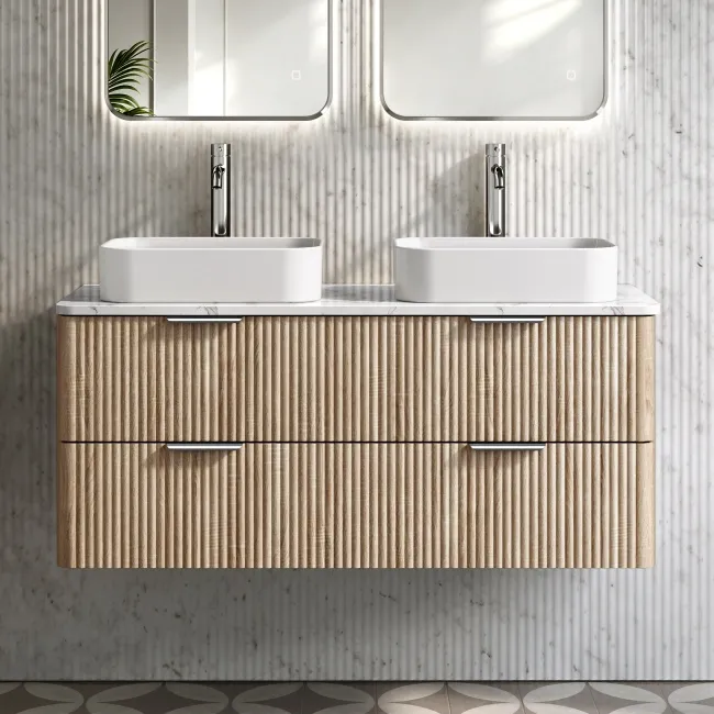 Cadiz Fluted Apex Oak Double Wall Hung Drawer Vanity with Marble Top 1200mm (Excludes Basin) - Chrome Handles