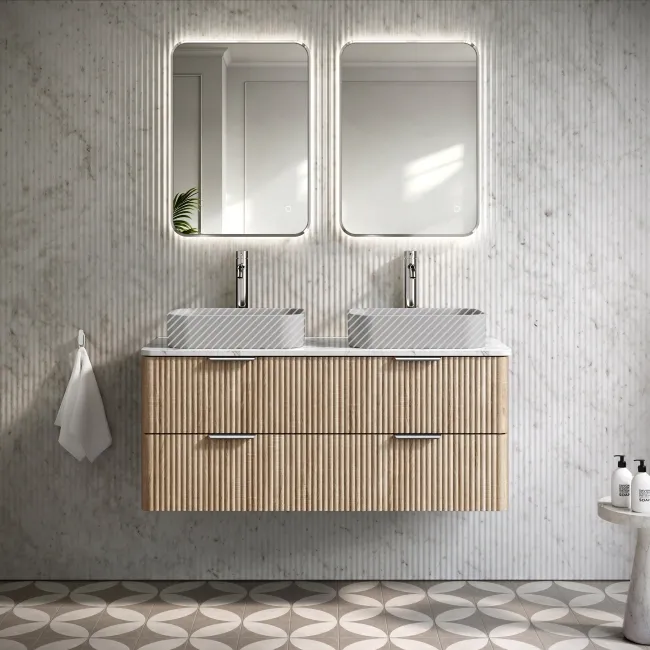 Cadiz Fluted Apex Oak Double Wall Hung Drawer Vanity with Marble Top 1200mm (Excludes Basin) - Chrome Handles