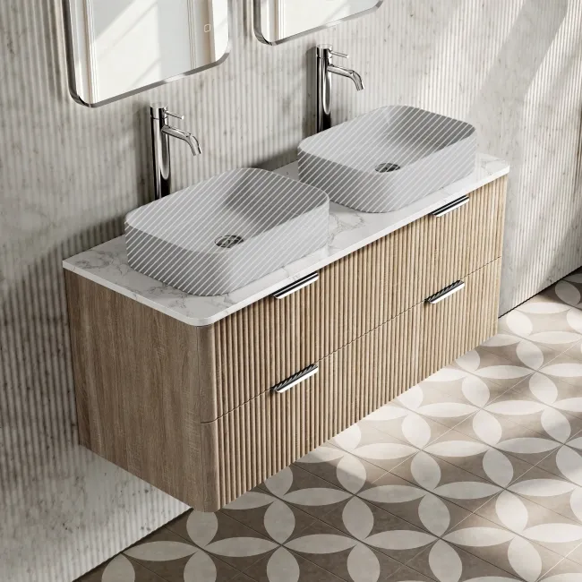 Cadiz Fluted Apex Oak Double Wall Hung Drawer Vanity with Marble Top 1200mm (Excludes Basin) - Chrome Handles