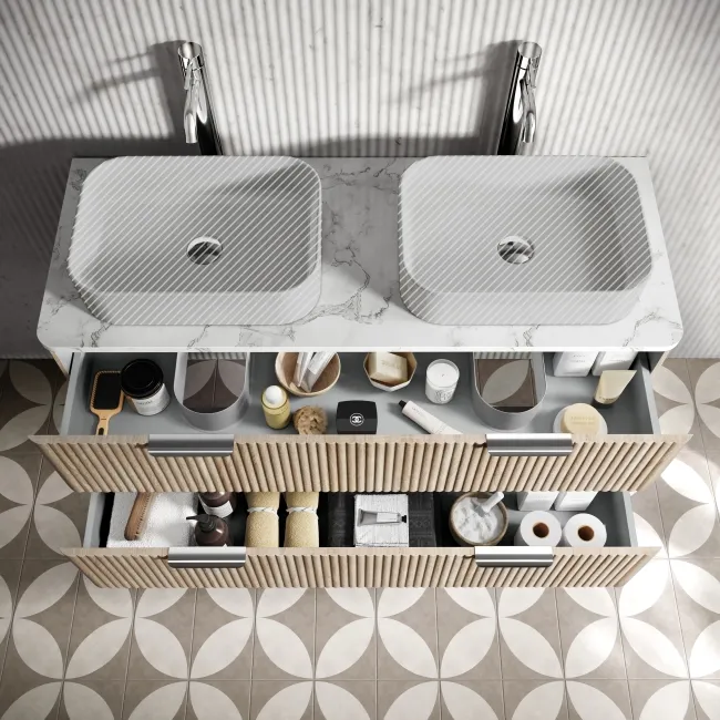 Cadiz Fluted Apex Oak Double Wall Hung Drawer Vanity with Marble Top 1200mm (Excludes Basin) - Chrome Handles