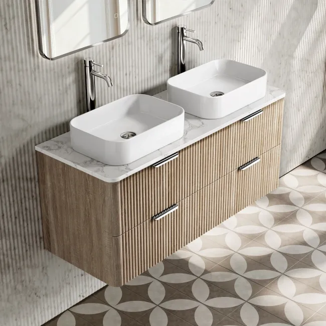 Cadiz Fluted Apex Oak Double Wall Hung Drawer Vanity with Marble Top & Marin Basin 1200mm - Chrome Handles