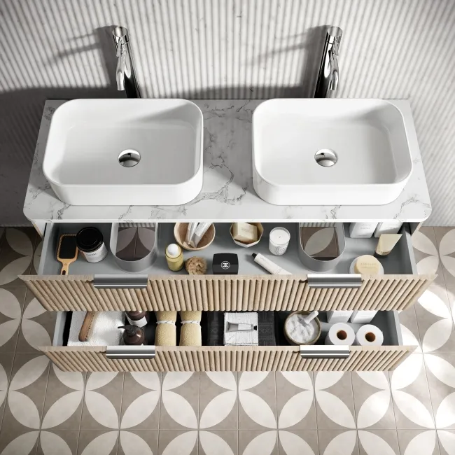 Cadiz Fluted Apex Oak Double Wall Hung Drawer Vanity with Marble Top & Marin Basin 1200mm - Chrome Handles