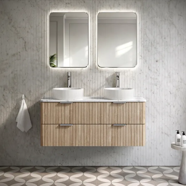 Cadiz Fluted Apex Oak Double Wall Hung Drawer Vanity with Marble Top & Nevis Basin 1200mm - Chrome Handles