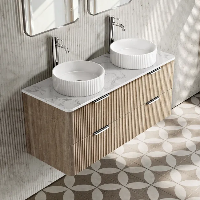 Cadiz Fluted Apex Oak Double Wall Hung Drawer Vanity with Marble Top & Nevis Basin 1200mm - Chrome Handles