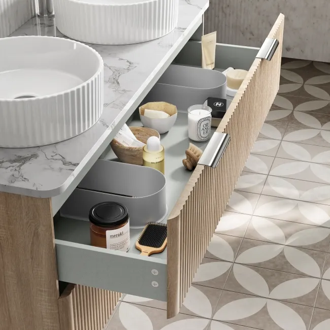 Cadiz Fluted Apex Oak Double Wall Hung Drawer Vanity with Marble Top & Nevis Basin 1200mm - Chrome Handles