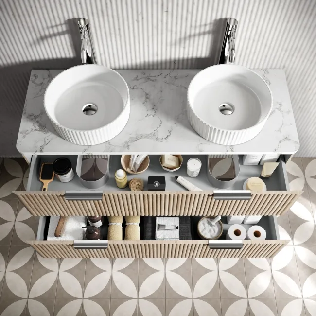 Cadiz Fluted Apex Oak Double Wall Hung Drawer Vanity with Marble Top & Nevis Basin 1200mm - Chrome Handles