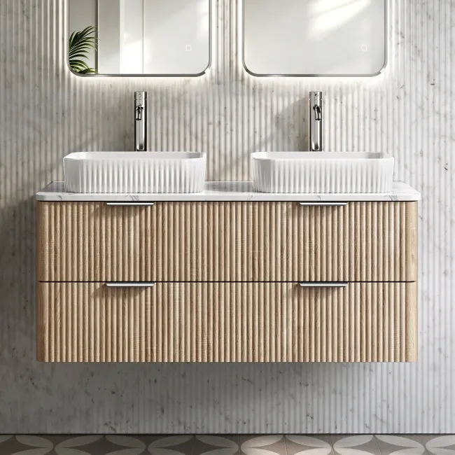 Cadiz Fluted Apex Oak Double Wall Hung Drawer Vanity with Marble Top & Reno Basin 1200mm - Chrome Handles