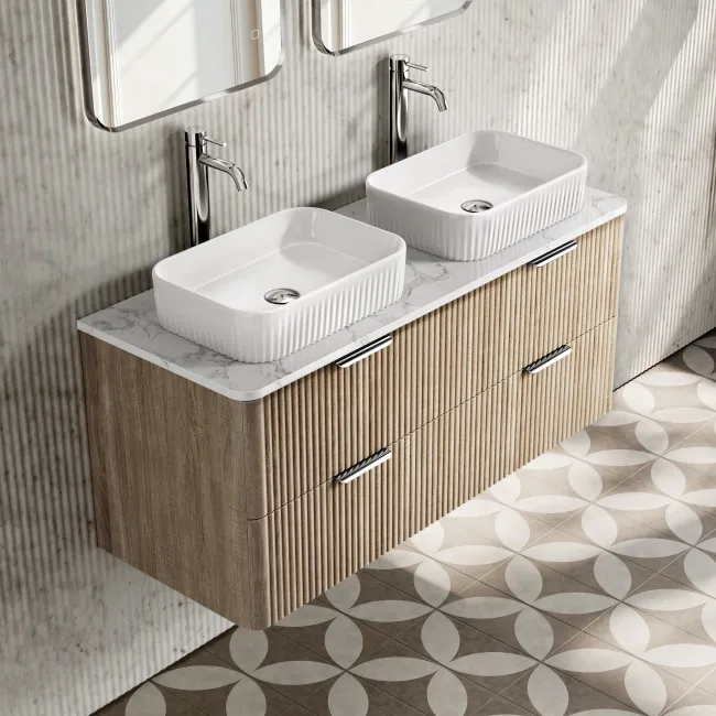 Cadiz Fluted Apex Oak Double Wall Hung Drawer Vanity with Marble Top & Reno Basin 1200mm - Chrome Handles