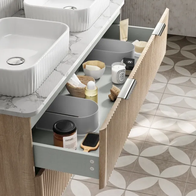Cadiz Fluted Apex Oak Double Wall Hung Drawer Vanity with Marble Top & Reno Basin 1200mm - Chrome Handles