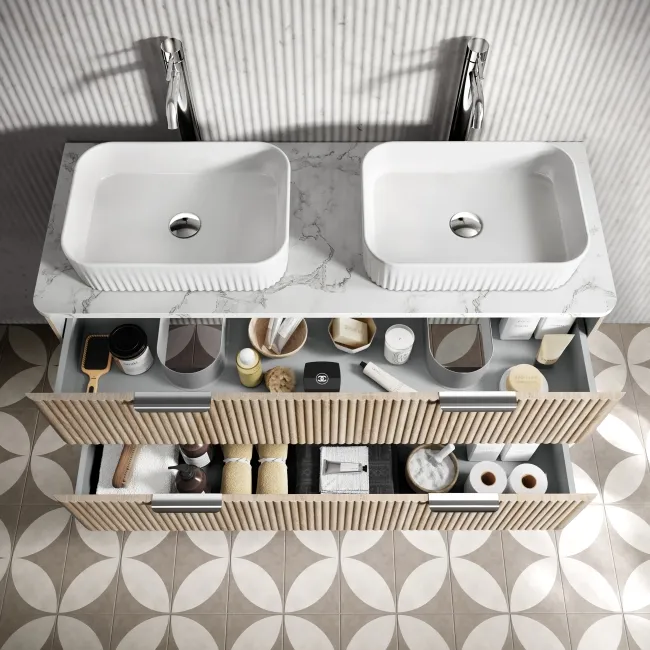 Cadiz Fluted Apex Oak Double Wall Hung Drawer Vanity with Marble Top & Reno Basin 1200mm - Chrome Handles