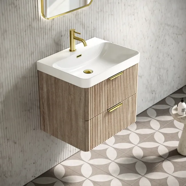 Cadiz Fluted Apex Oak Wall Hung Basin Drawer Vanity 600mm - Brushed Brass Accents