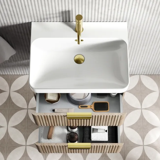 Cadiz Fluted Apex Oak Wall Hung Basin Drawer Vanity 600mm - Brushed Brass Accents