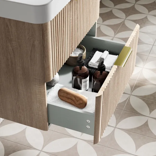 Cadiz Fluted Apex Oak Wall Hung Basin Drawer Vanity 600mm - Brushed Brass Accents