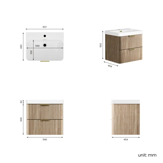 Cadiz Fluted Apex Oak Wall Hung Basin Drawer Vanity 600mm - Brushed Brass Accents