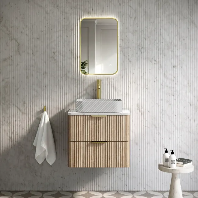 Cadiz Fluted Apex Oak Wall Hung Drawer Vanity with Marble Top 600mm (Excludes Basin) - Brushed Brass Accents
