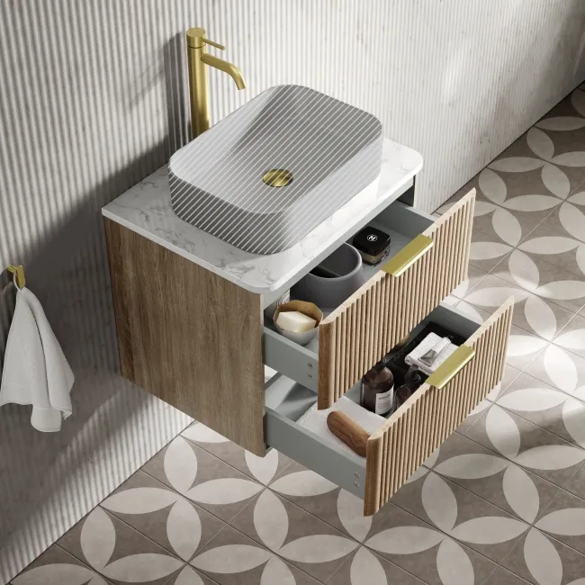 Cadiz Fluted Apex Oak Wall Hung Drawer Vanity with Marble Top 600mm (Excludes Basin) - Brushed Brass Accents
