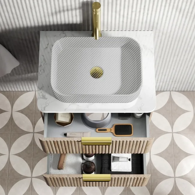 Cadiz Fluted Apex Oak Wall Hung Drawer Vanity with Marble Top 600mm (Excludes Basin) - Brushed Brass Accents