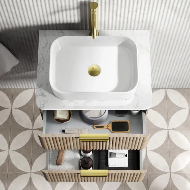 Cadiz Fluted Apex Oak Wall Hung Drawer Vanity with Marble Top & Marin Basin 600mm - Brushed Brass Accents