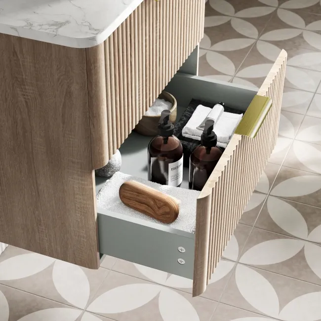 Cadiz Fluted Apex Oak Wall Hung Drawer Vanity with Marble Top & Marin Basin 600mm - Brushed Brass Accents