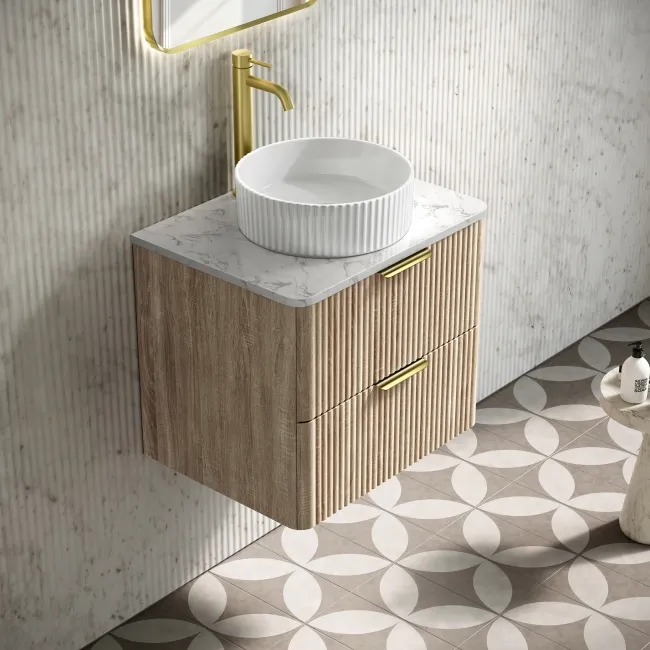 Cadiz Fluted Apex Oak Wall Hung Drawer Vanity with Marble Top & Nevis Basin 600mm - Brushed Brass Accents